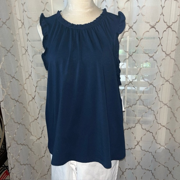 LC Lauren Conrad Tops - Lauren Conrad Women's Navy Top Ruffled Neck & Sleeves Flared Hem XXL NWOT